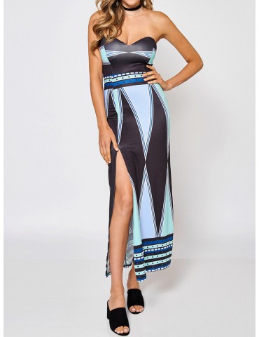 Sexy Geometric Print Splited Strapless Women Maxi Dress