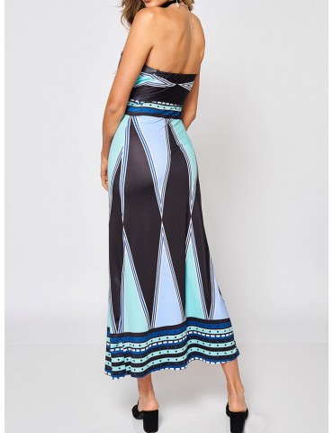 Sexy Geometric Print Splited Strapless Women Maxi Dress