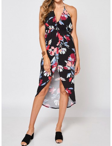 Sexy Floral Print Split Backless Halter Sleeveless Dress For Women