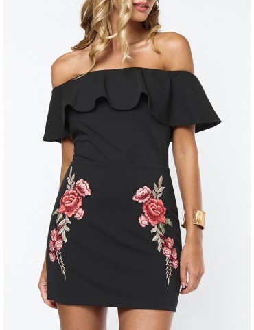 Sexy Off-shoulder Embroidered Flouncing Short Sleeve Mini Dress
