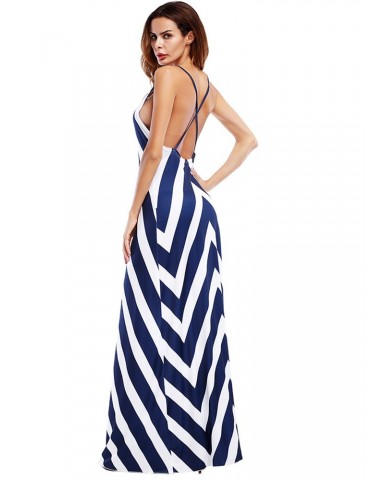 Sexy Stripe Backless Cross Strap V-neck Women Maxi Dresses