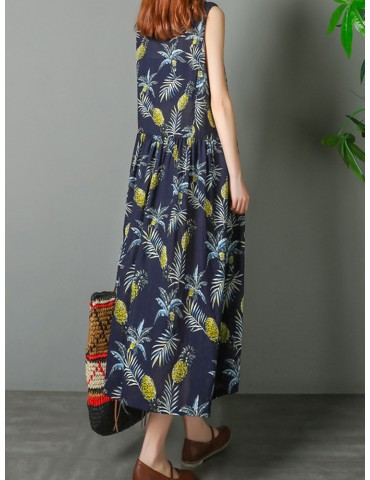 Pineapple Print Sleeveless Pockets Vintage Dresses