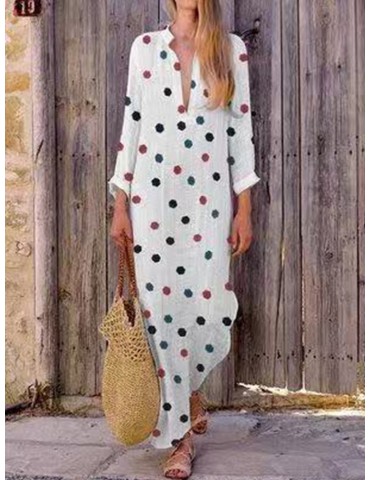 Polka Dots Print V-neck Long Sleeve Maxi Dress