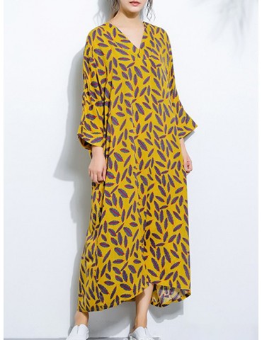 Feather Print Long Sleeve V-neck Long Dress with Belt