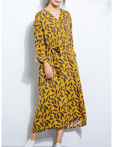 Feather Print Long Sleeve V-neck Long Dress with Belt