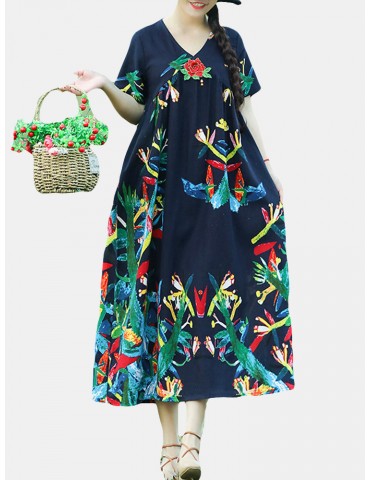 Loose Vintage Floral Print Short Sleeve Dress For Women