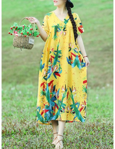Loose Vintage Floral Print Short Sleeve Dress For Women