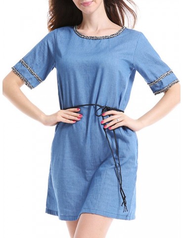 Casual Denim Patchwork O-neck Short Sleeve Mini Dress For Women
