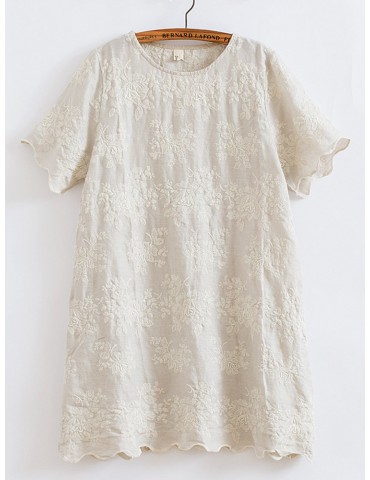 Short Sleeve O-Neck Embroidery Wave Edge Casual Dresses