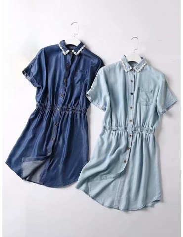 Denim Short Sleeve Botton Fly Turn-down Collar Casual Dresses