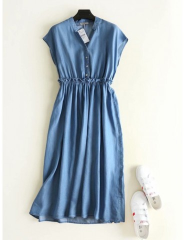 Denim Sleeveless Botton Stand Collar Casual Dresses