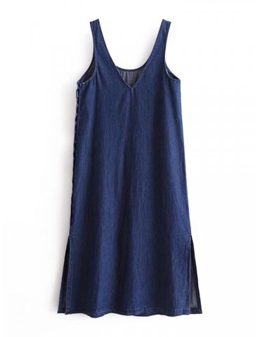 Denim Pure Color Side Buttons Splited Sleeveless Casual Dresses