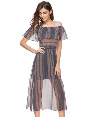 Chiffon Women Off Shoulder Sleeveless Striped Print Dresses