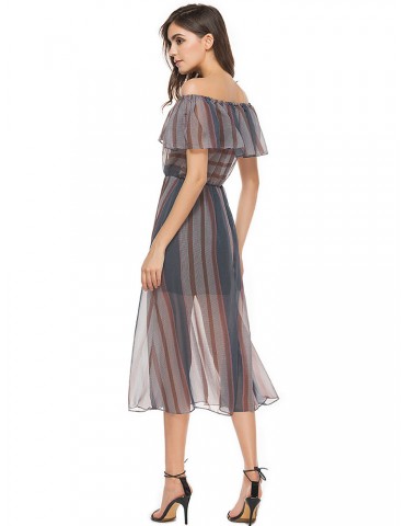Chiffon Women Off Shoulder Sleeveless Striped Print Dresses