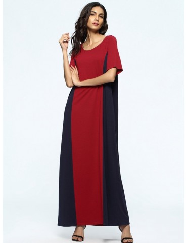 Casual Patchwork Loose Short Sleeve O-neck Women Maxi Dresses