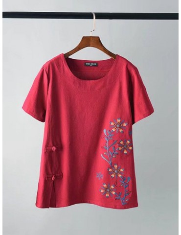 Casual Loose Floral Embroidery Short Sleeve Women Vintage T-Shirts