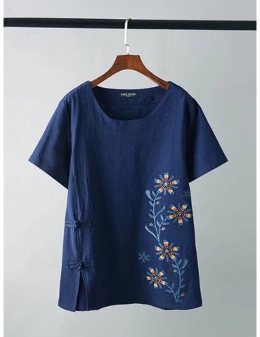 Casual Loose Floral Embroidery Short Sleeve Women Vintage T-Shirts