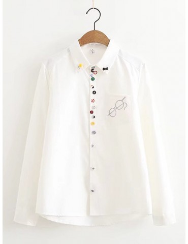 Embroidery Long Sleeve Turn-down Collar Shirt