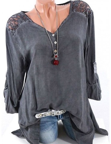 Casual Lace Patchwork Hollow Irregular Long Sleeve Blouses For Women