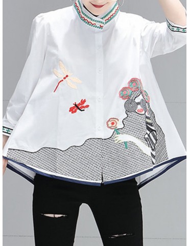 Embroidered Stand Collar Long Sleeve A-line Shirt