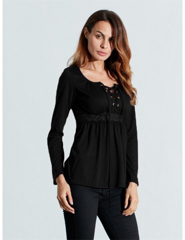 Women V-Neck Lace-up Floral Peplum Long Sleeve Shirts