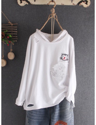 Embroidery Cat Distressed Long Sleeve Casual Shirt