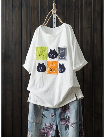 Cartoon Cat Girl Print Patch Short Sleeve Casual T-shirt