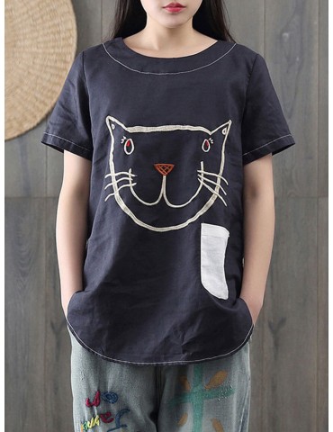 Cartoon Cat Print Casual Short Sleeve Cute T-Shirt