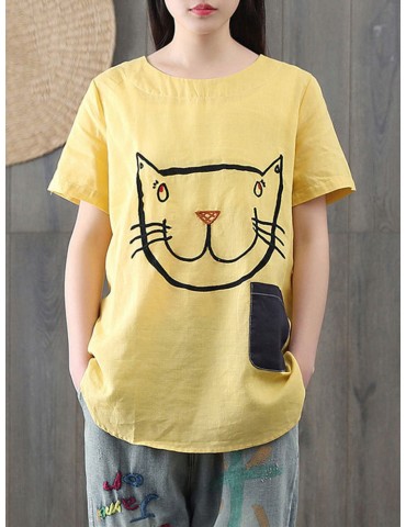 Cartoon Cat Print Casual Short Sleeve Cute T-Shirt