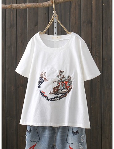 Casual Embroidery Short Sleeve Crew Neck T-Shirt