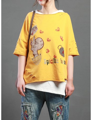 Cartoon Embroidery Print Short Sleeve Casual T-Shirt