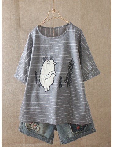 Cartoon Embroidery Stripe Short Sleeve Casual T-shirt For Women