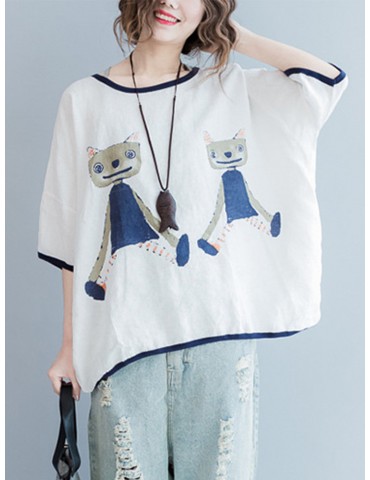 Casual Cartoon Print Button Back Half Sleeve T-shirts