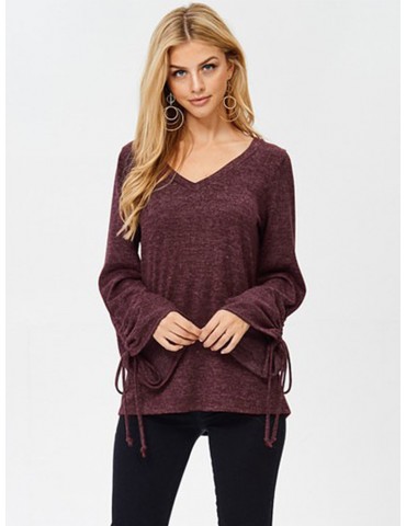 Women V-neck Pure Color Long Sleeve Knitted T-shirts