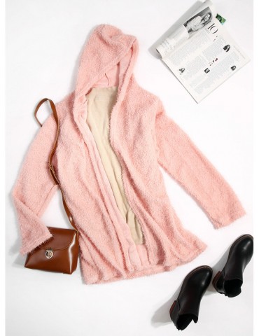 Casual Women Solid Color Hooded Fleece Coats