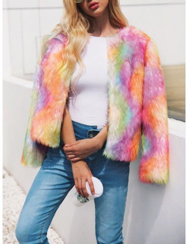 Causual Faux Fur Rainbow Multicolor Short Coat
