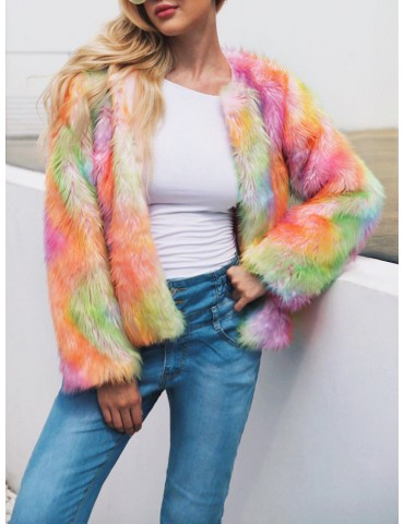 Causual Faux Fur Rainbow Multicolor Short Coat