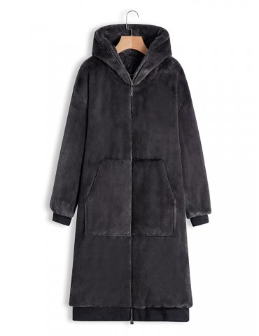Faux Fur Solid Color Hooded Big Pockets Long Coat