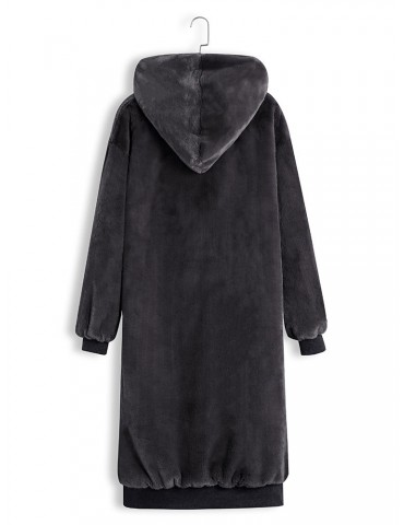 Faux Fur Solid Color Hooded Big Pockets Long Coat