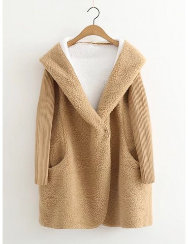 Casual Pure Color Hooded Patchwork Long Sleeve Women Plush Coats