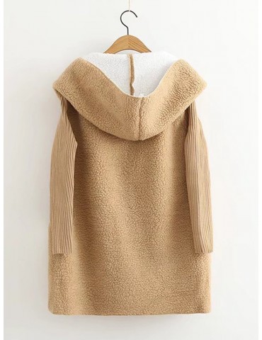 Casual Pure Color Hooded Patchwork Long Sleeve Women Plush Coats