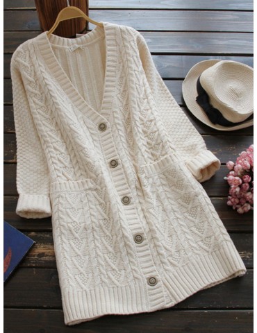 Casual Pure Color Long Sleeve V-neck Women Knitting Coats