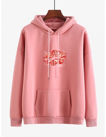 Casual Print Lips Hooded Pocket Sweatshirt