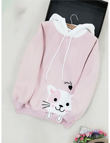 Embroidery Cat Loose Cute Hoodies For Women