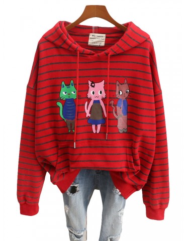 Cats Printed Striped Hooded Casual Sweatshirt