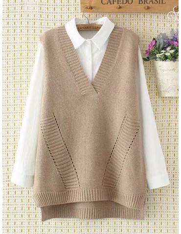 Asymmetrical Hem V Neck Solid Color Overhead Vest Sweater