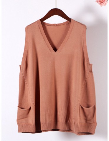 Casual Knit V-neck Side Pockets Pullover Vest Sweater