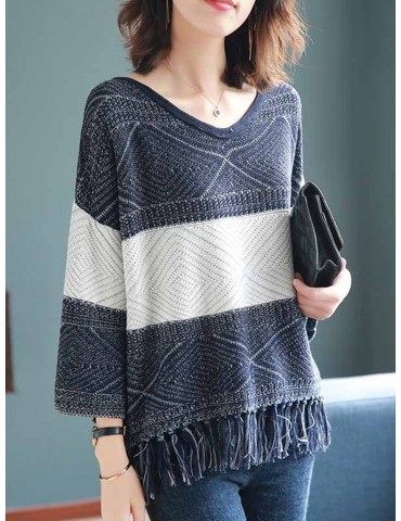 Causal Knit Tassels V Neck Loose Sweater