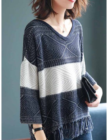 Causal Knit Tassels V Neck Loose Sweater