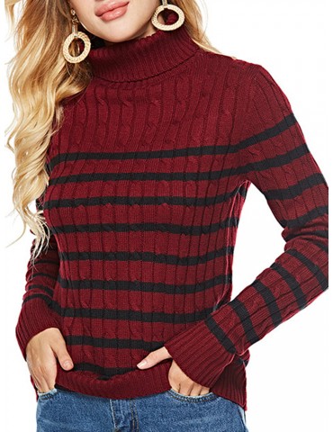 Woven Striped Turtleneck Casual Sweater